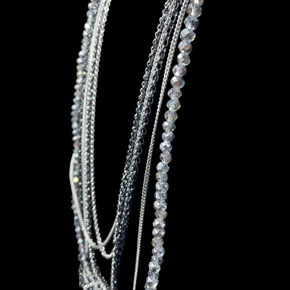 Multilayer Crystal Beaded Silver Black Chain Necklace Statement Coquette Glam - Picture 6 of 8